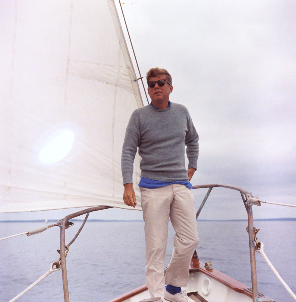 11 August 1962. President Kennedy sails aboard the U. S. Coast Guard yacht "Manitou" off the coast of Maine. Photo Credit: Robert Knudsen, White House / John Fitzgerald Kennedy Library, Boston.